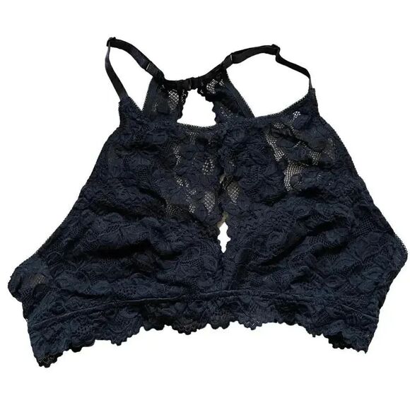 Jenny Jen Black Embroidered Floral Lace RACERBACK PADDED BRALETTE Spandex SZ L - Picture 1 of 10